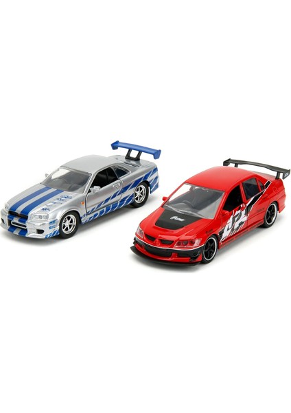 Toys - Fast And Furious Arabalar (2'li Set) - Mitsubishi Lancer Evolution Ix & Brian's Nissan Skyline Gt-R (R34) Legacy Series Model Araba, Açılabilir Kapılı, 1:32 Ölçek 13 Cm.