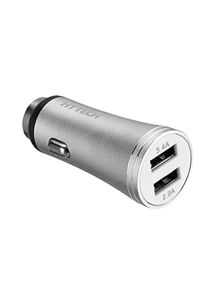 HY-X62 3.4A Hızlı Şarj Micro USB Kablolu 2 USB Metal Araç Şarj Cihazı, Gümüş