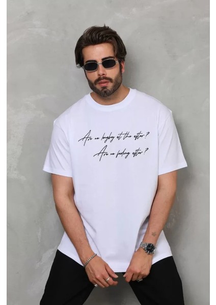 Bisiklet Yaka Baskılı Oversize T-Shirt - Beyaz