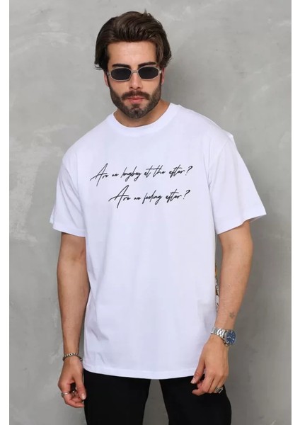 Bisiklet Yaka Baskılı Oversize T-Shirt - Beyaz