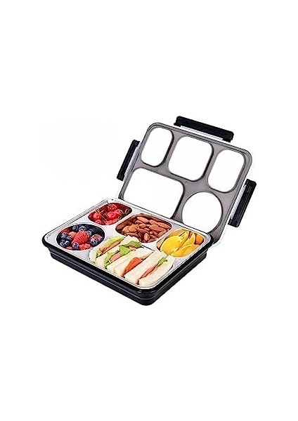 Bento 1600ML Lunchbox Tek Katlı 5 Bölmeli Çelik Sefer Tası Yemek Kutusu (Siyah)