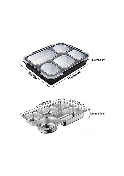 Bento 1600ML Lunchbox Tek Katlı 5 Bölmeli Çelik Sefer Tası Yemek Kutusu (Siyah)