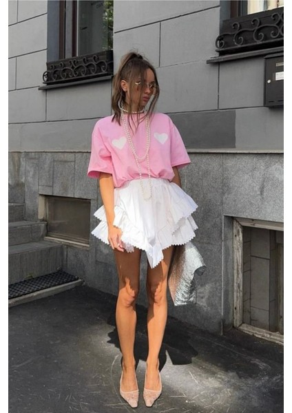 Kadın Pembe Kalp Baskılı %100 Pamuk Tişört