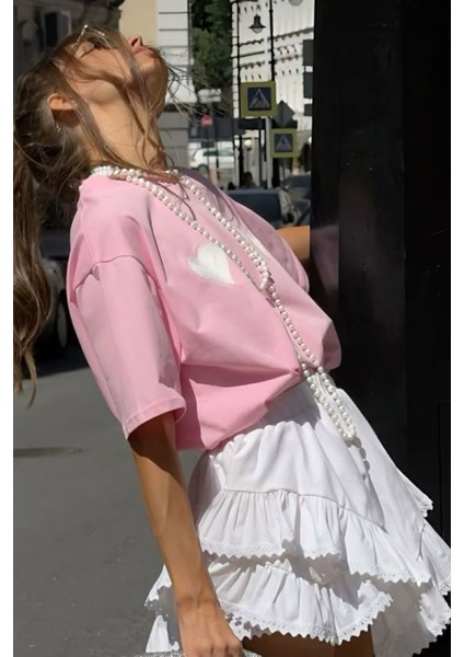 Kadın Pembe Kalp Baskılı %100 Pamuk Tişört fiyatları