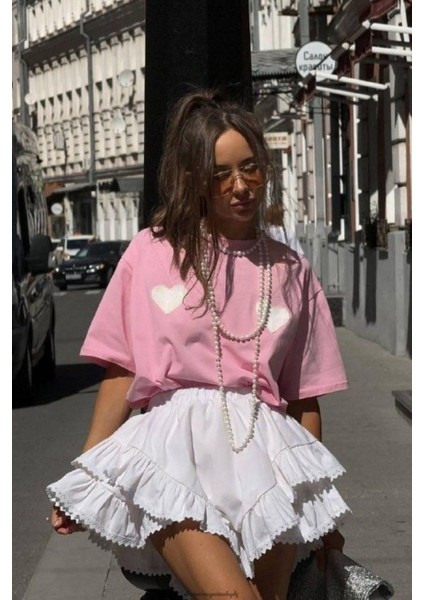 Kadın Pembe Kalp Baskılı %100 Pamuk Tişört modelleri