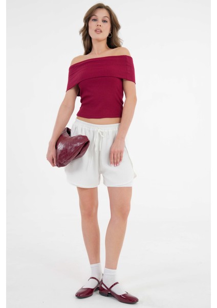 Bordo Madonna Yaka Omzu Açık Fitilli Örme Crop Bluz modelleri