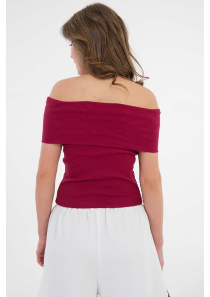 Bordo Madonna Yaka Omzu Açık Fitilli Örme Crop Bluz indirimleri
