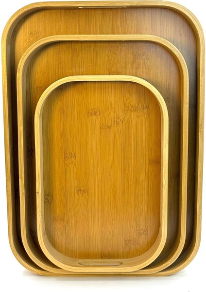 Bambu 3'lü Tepsi Seti - Sunum, Çay ve Servis Tepsisi, Doğal Bambu Ahşap Tepsi Takımı, Şık ve Dayanıklı Tasarım, Mutfak ve Sofralar Için Estetik Sunum Tepsisi (Dikdörtgen)