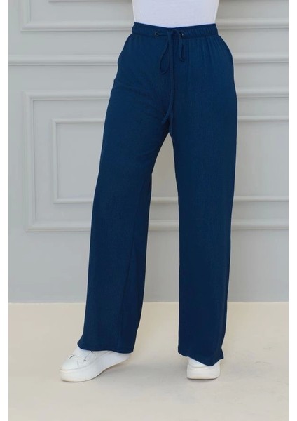 Lacivert Beli Lastikli Bürümcük Kumaş Geniş Paça Rahat Kesim Pantolon