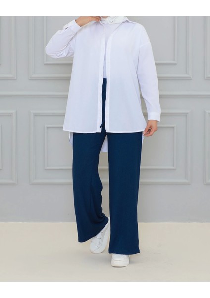 Lacivert Beli Lastikli Bürümcük Kumaş Geniş Paça Rahat Kesim Pantolon fiyatları