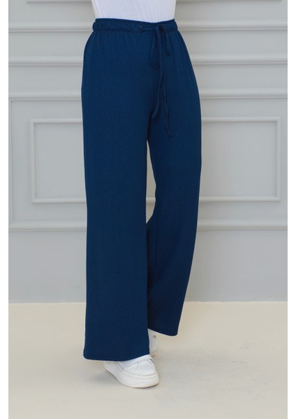 Lacivert Beli Lastikli Bürümcük Kumaş Geniş Paça Rahat Kesim Pantolon modelleri