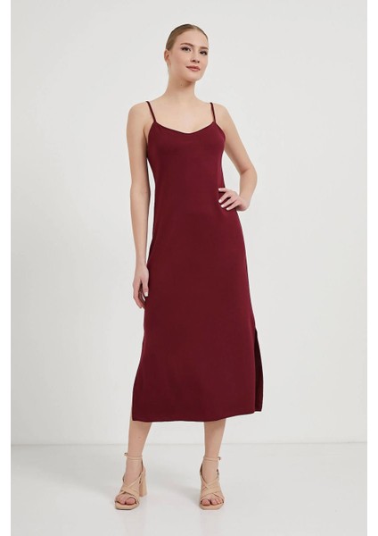 Kadın Bordo Ip Askılı Midi Boy Modal Kumaş Elbise