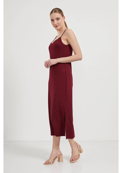 Kadın Bordo Ip Askılı Midi Boy Modal Kumaş Elbise