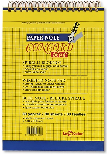 Color 2012014/2 Concord Plus Yumuşak Kapak, Sarı Kağıt Spiralli Bloknot, Sarı