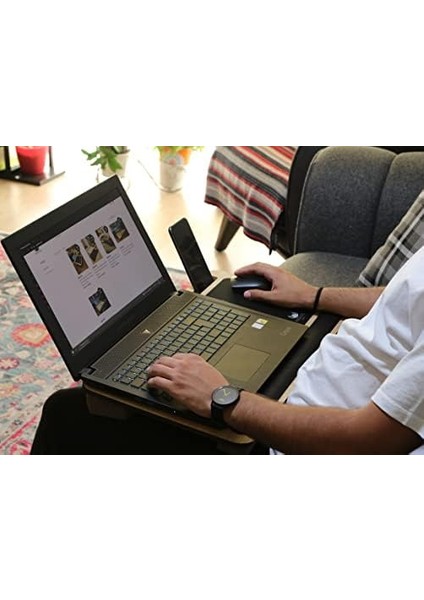 Telefon ve Tablet Bölmeli Minderli Laptop Sehpası Notebook Bilgisayar Çalışma Masası, Antik Meşe