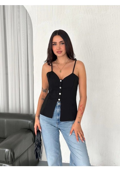 Askılı Dekolte Deraylı Bluz Crop - Siyah