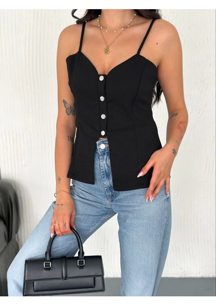 Askılı Dekolte Deraylı Bluz Crop - Siyah