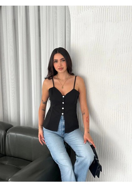 Askılı Dekolte Deraylı Bluz Crop - Siyah