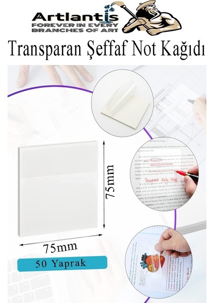 Yapışkanlı Şeffaf Not Kağıdı 50 Yaprak 2 Paket Kare Transparan Postit 75X75MM Yarı Saydam Işaretleyici Aydınger Not