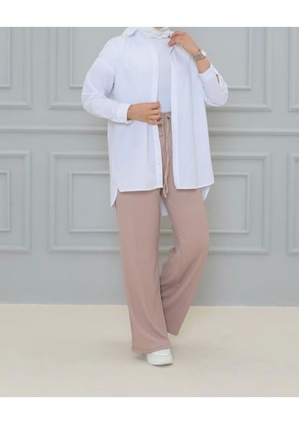 Krem Renk Beli Lastikli Bürümcük Kumaş Geniş Paça Pantolon