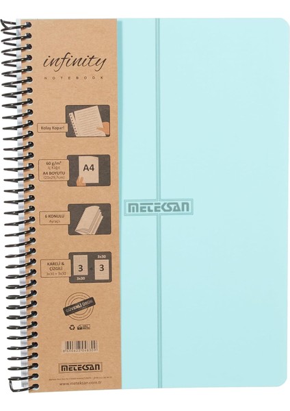Infinity Pastel Serisi, A4, 6 Konulu (3 Kareli, 3 Çizgili) 180 Yaprak Pp Kapaklı Spiralli Defter, Mavi