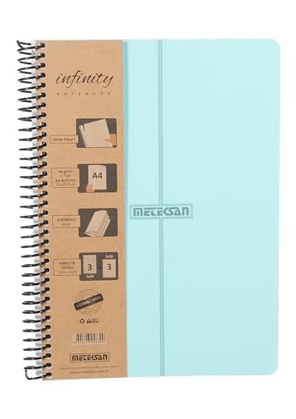 Infinity Pastel Serisi, A4, 6 Konulu (3 Kareli, 3 Çizgili) 180 Yaprak Pp Kapaklı Spiralli Defter, Mavi