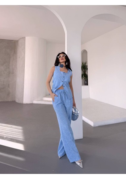 Kadın Keten Yelek Pantalon 2'li Takım