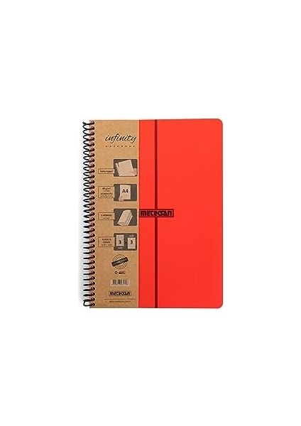 Infinity Primary Serisi, A4, 6 Konulu (3 Kareli, 3 Çizgili) 180 Yaprak Pp Kapaklı Spiralli Defter, Kırmızı