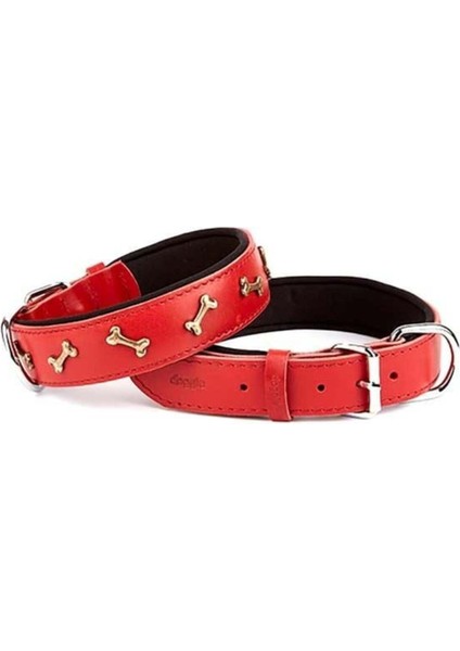 Doggie Comfort Deri Kemik Süslü Köpek Boyun Tasması Medium Kırmızı 4X52-60 cm 1 Adet