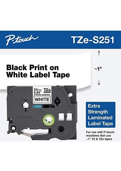 Orijinal P-Touch TZE-S251 Bant, 2,5 cm (2,4 Cm) Genişliğinde Ekstra Güçlü Yapışkan Lamine Bant, Beyaz Üzerine Siyah, Iç ve Dış Mekan Kullanımı Için Lamine, Suya Dayanıklı, 0,96" x 26,2" (24 mm