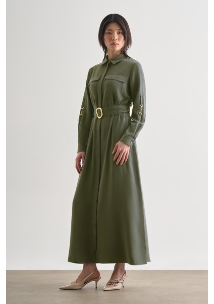 Çift Cepli Uzun Kemerli Haki Safari Elbise fiyatları