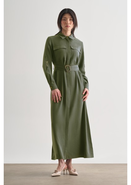 Çift Cepli Uzun Kemerli Haki Safari Elbise