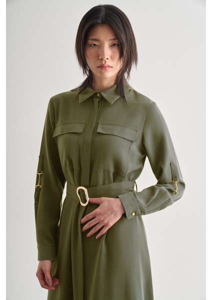 Çift Cepli Uzun Kemerli Haki Safari Elbise modelleri