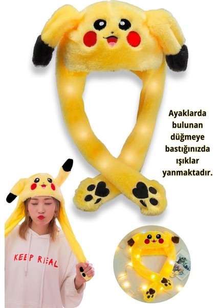 Pokemon Pikachu Peluş Oyuncak Şapka- LED Işıklı, Hareketli Kulaklı, Patili Eğlenceli Tasarım
