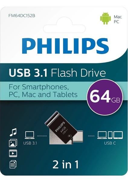 64 GB USB 3.1 & Type-C 2’si 1 Arada Çift Girişli Metal USB Bellek