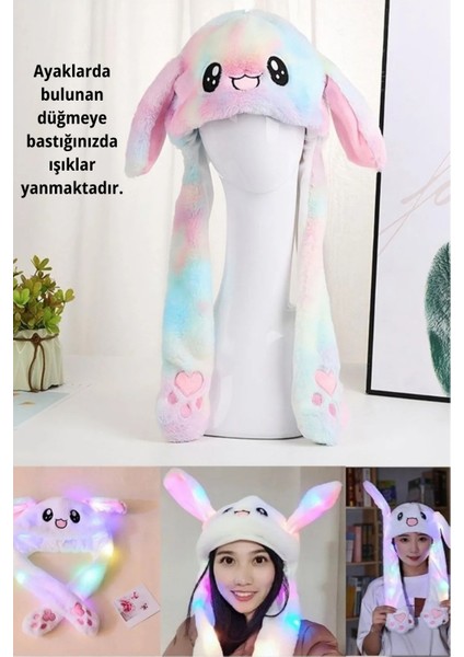 LED Işıklı, Hareketli Kulaklı Peluş Tavşan Şapka- Patili Sıkınca Kulakları Kalkar, Sevimli Tasarım