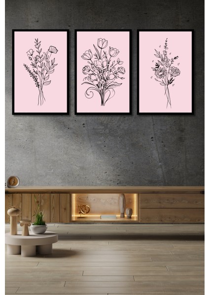 Minimalist Çiçek Tablo Seti Çerçeve Görünümlü 3 Parça