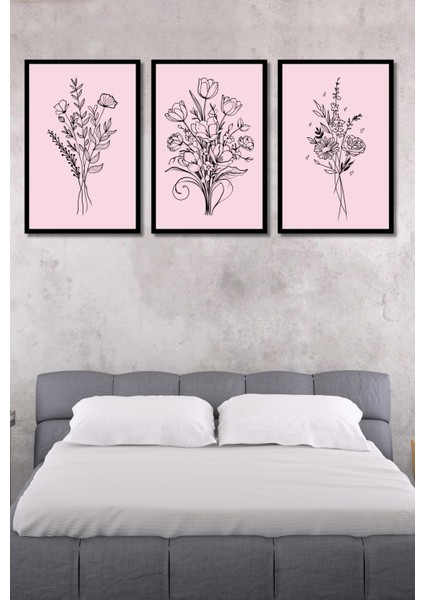 Minimalist Çiçek Tablo Seti Çerçeve Görünümlü 3 Parça