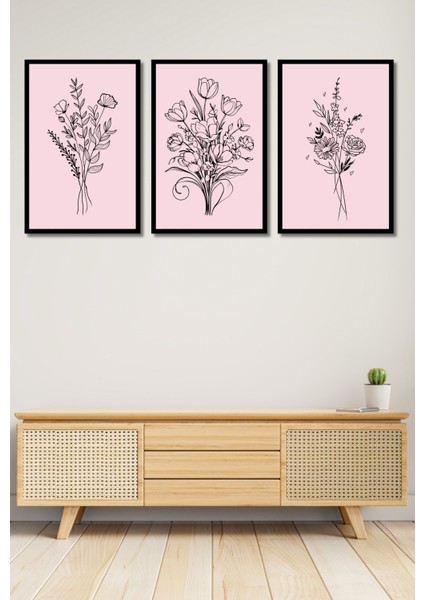 Minimalist Çiçek Tablo Seti Çerçeve Görünümlü 3 Parça
