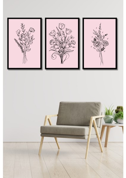 Minimalist Çiçek Tablo Seti Çerçeve Görünümlü 3 Parça