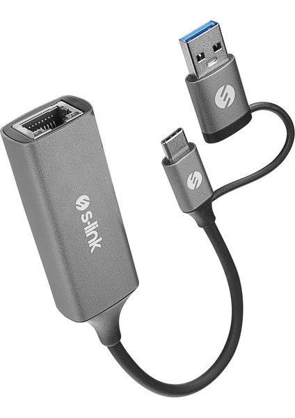 S-Link SWV-USBC029 Gri Metal Type-C + Usb3.0 Çeviricili 10/100/1000MBPS Adaptör, Usb3.0 Ethernet Çevirici, Type C Ethernet Çevirici