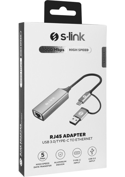 S-Link SWV-USBC029 Gri Metal Type-C + Usb3.0 Çeviricili 10/100/1000MBPS Adaptör, Usb3.0 Ethernet Çevirici, Type C Ethernet Çevirici