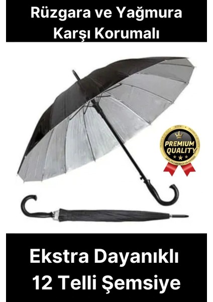 Ekstra Dayanıklı Rüzgara ve Yağmura Karşı Korumalı Siyah Fiber 12 Telli Bronz Gövde Şemsiye 55CM