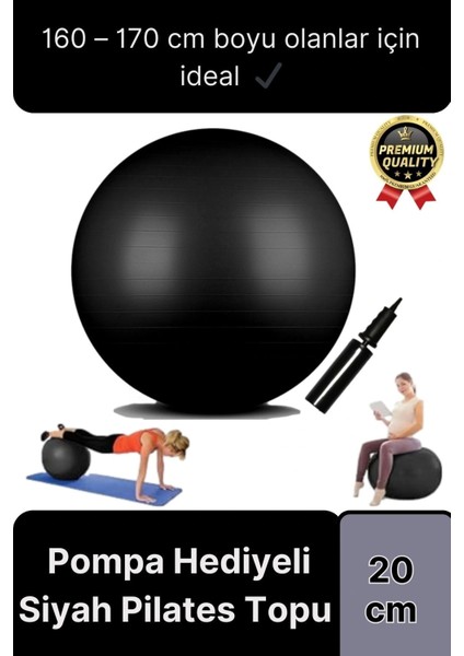 Premium Mini Gymball 20cm Jimnastik Denge Fitness Spor Şişirme Pompası Hediyeli Siyah Pilates Topu
