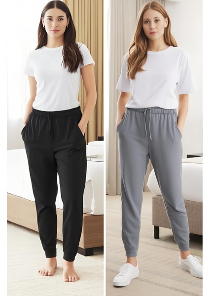 %100 Pamuk Kadın 2'li Premium Kumaş Pijama Altı Cepli Ipli Relax Fit Terletmez Esnek Siyah-Gri