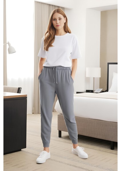 %100 Pamuk Kadın 2'li Premium Kumaş Pijama Altı Cepli Ipli Relax Fit Terletmez Esnek Siyah-Gri