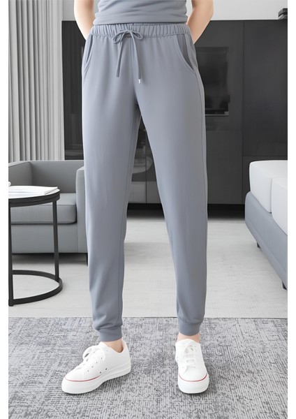 %100 Pamuk Kadın 2'li Premium Kumaş Pijama Altı Cepli Ipli Relax Fit Terletmez Esnek Siyah-Gri