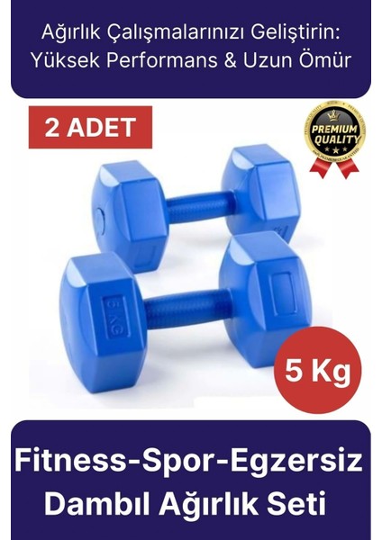 Premium Fitness Spor Egzersiz Vücut Kas Geliştirme Mavi 5 Kg Dambıl Ağırlık Seti - 2 Adet