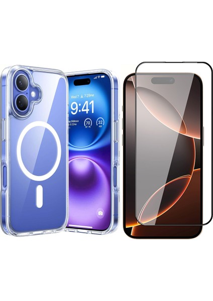 Apple iPhone 16 Magsafe Kablosuz Şarj Destekli Sert Silikon Şeffaf Kapak ve 5d Ekran Koruyucu