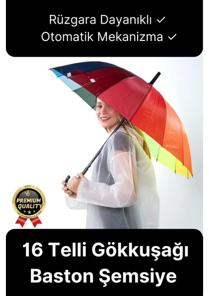 Özel Tasarım Rüzgara Dayanıklı Otomatik Model Fiber 16 Telli Gökkuşağı Desenli Baston Şemsiye 55CM